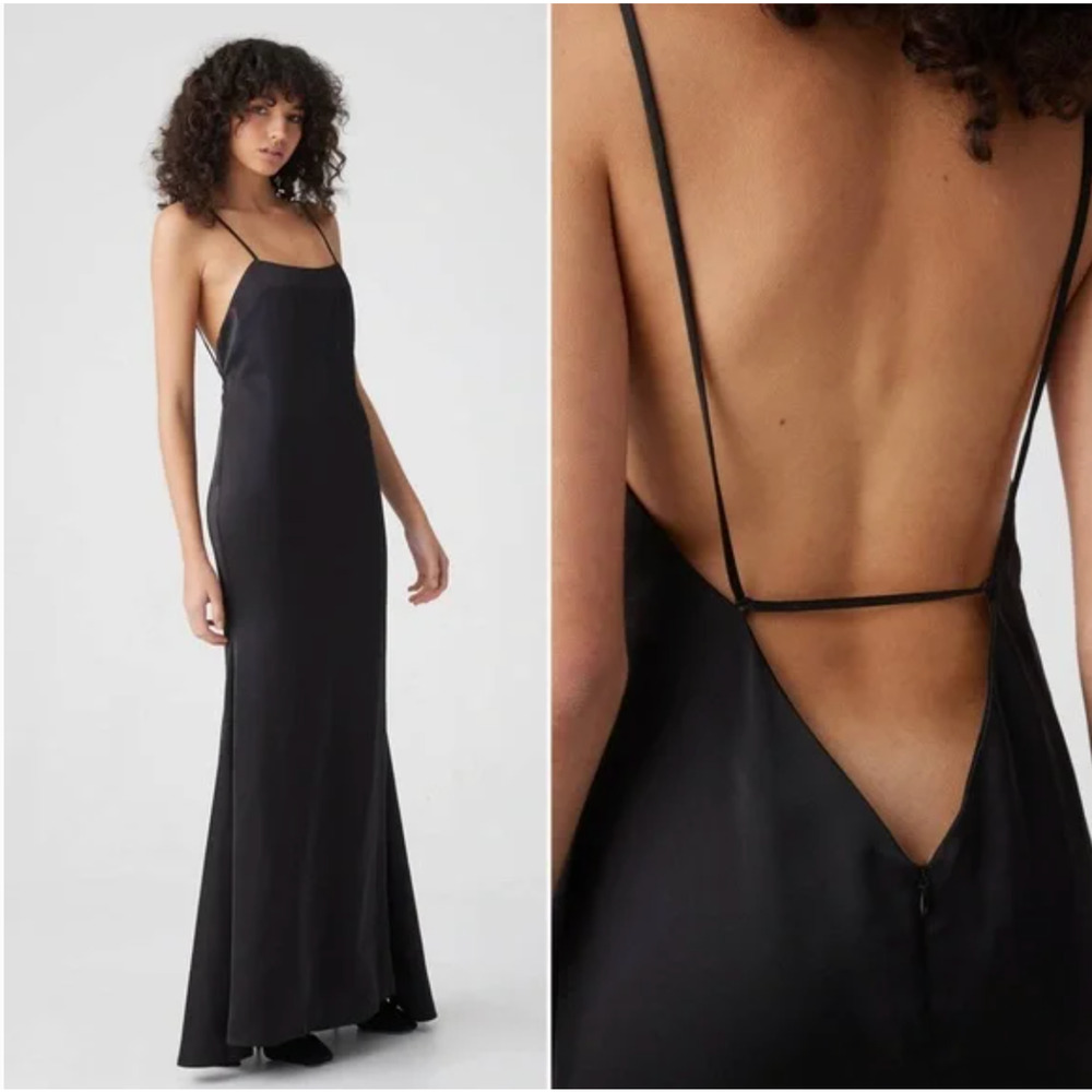 NEW Atoir US 6 Black Slip Clarice Open Back Maxi Wedding Formal Satin Dress LBD